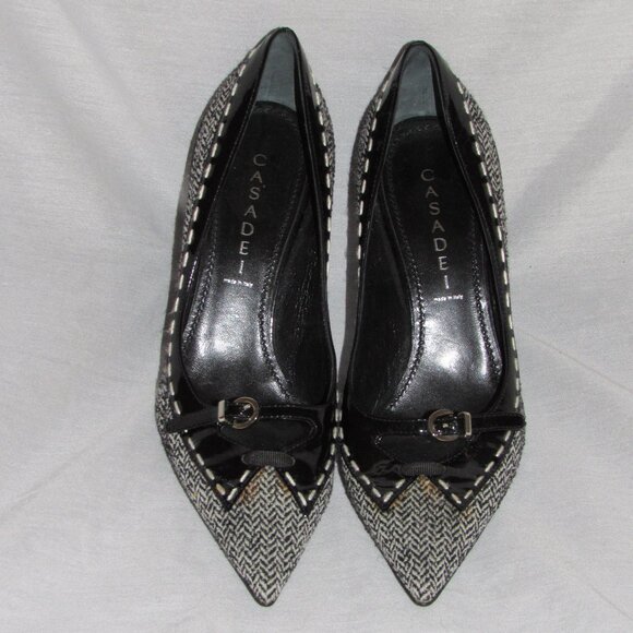 Vtg Casadei Italy Black Patent Leather Herringbone Buckle Pointed Toe Heels 8.5 - Picture 2 of 6